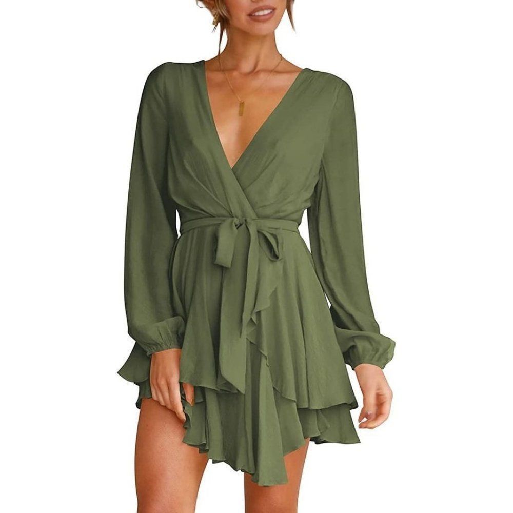 Green Deep V-Neck Long Sleeve Ruffled Mini Swing Dress